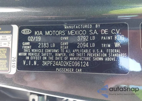 2019 Kia Forte Lxs из США, поврежденный, VIN 3KPF24AD2KE096124